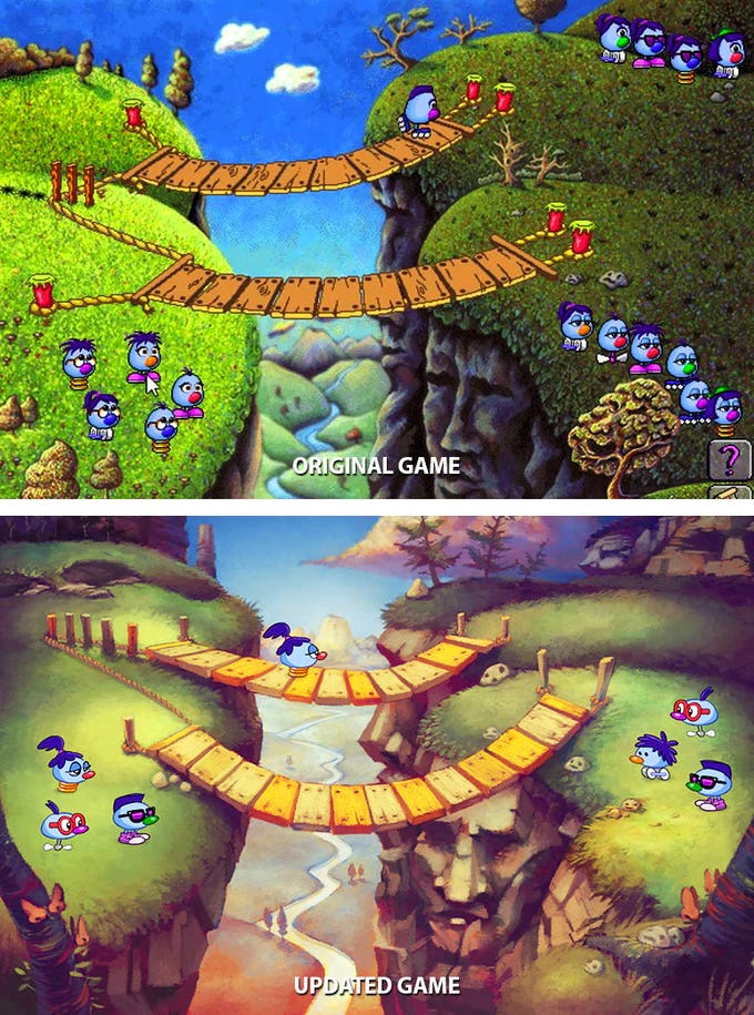 Before and after screenshots of the Zoombinis game