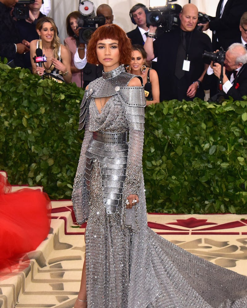 Zendaya on the 2018 Met Gala red carpet in a Joan of Arc-inspired gown.