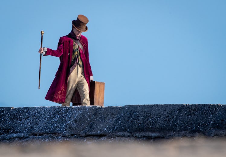 Timothée Chalamet is seen as Willy Wonka during filming for the Warner Bros and the Roald Dahl Story...