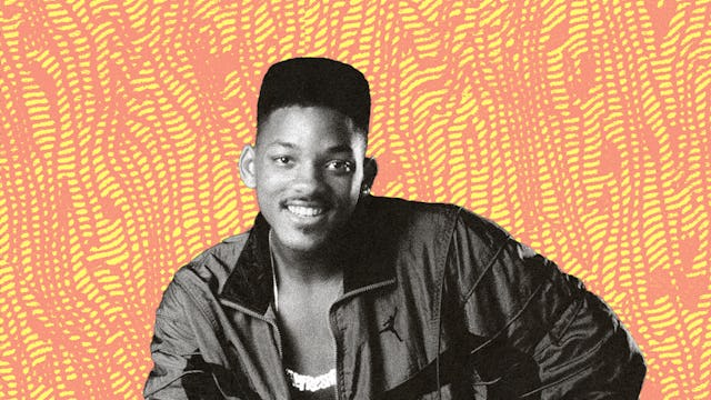 Will Smith as Will from The Fresh Prince of Bel-Air smiling and posing while sitting down.