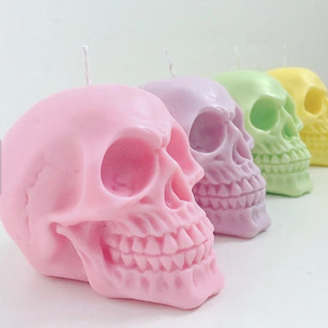 pastel skull candles, large, available in pink purple green or yellow