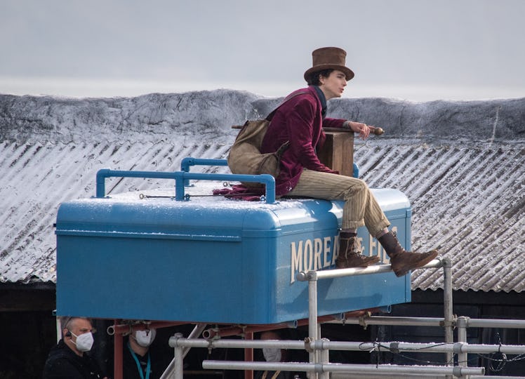 Timothée Chalamet is seen as Willy Wonka during filming for the Warner Bros and the Roald Dahl Story...