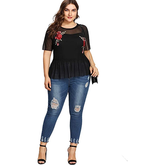 SheIn Plus-Size Embroidered Mesh Peplum Top
