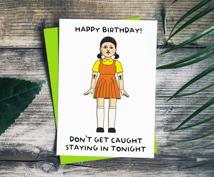 The doll from 'Squid Game' is on some 'Squid Game' birthday cards on Etsy.