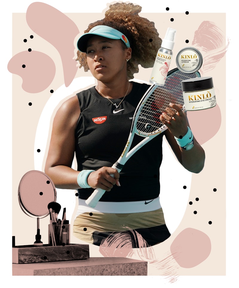 Collage of Naomi Osaka and her skin care products