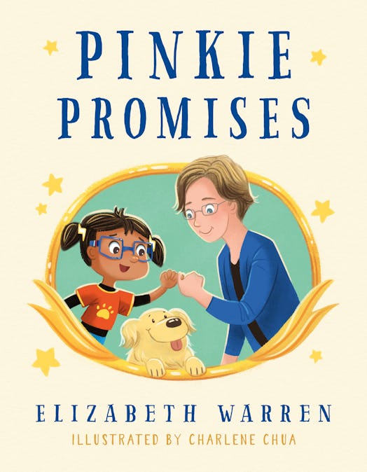 The cover of Pinkie Promises, a cartoon illustration of Senator Warren in a blue suit jacket making ...