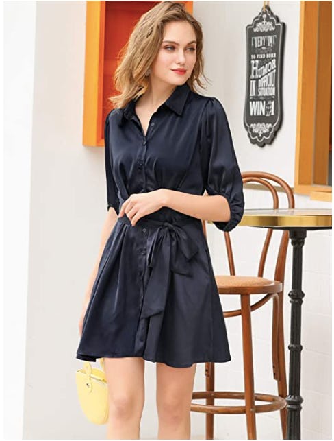 Allegra K Satin Pleated Waist Puff Sleeve Belted Shirt Dress