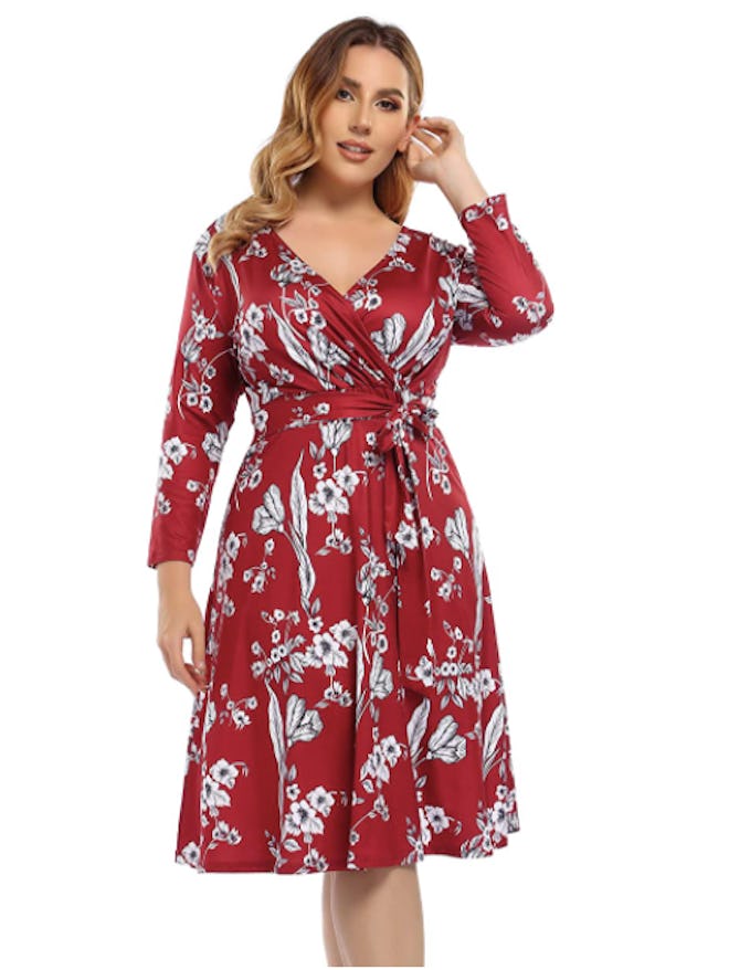 AMZ PLUS 3/4 Sleeve Faux Wrap Dress