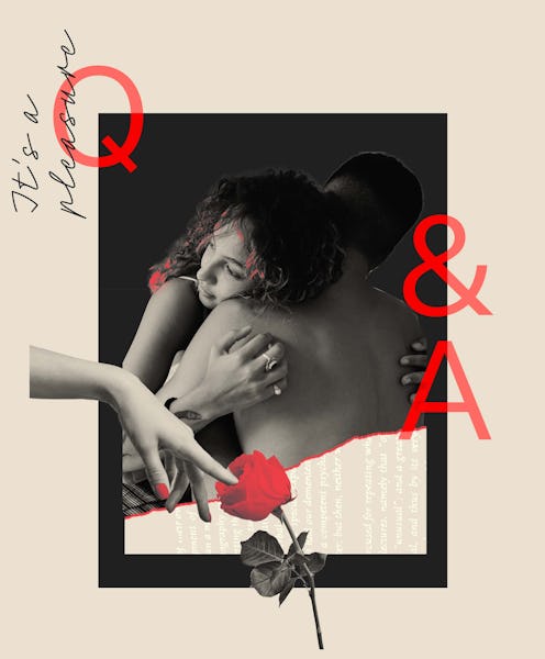 A Q&A sign next to a girlfriend hugging her boyfriend