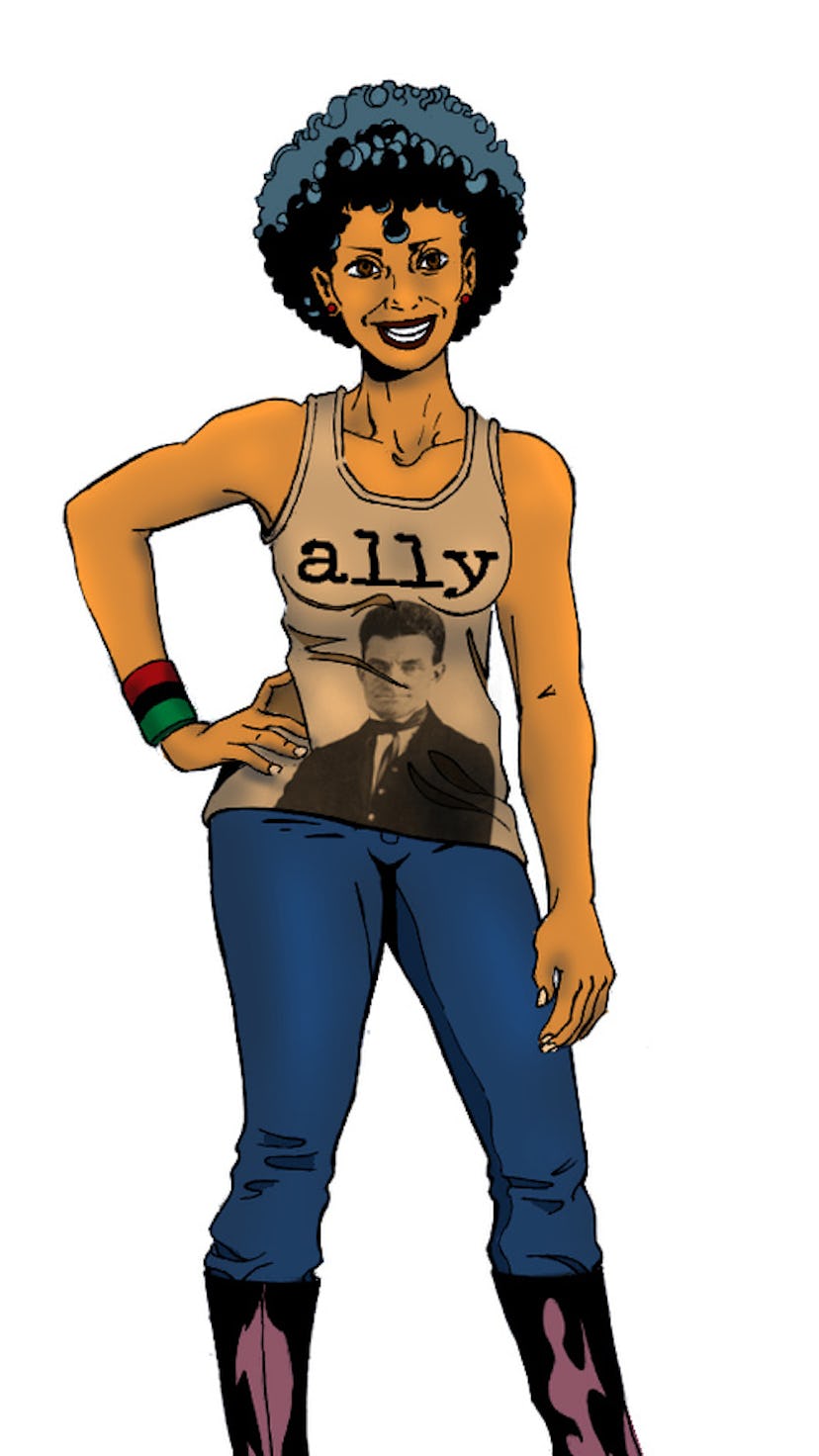 A biracial girl with a short afro and wearing a shirt that reads "ally" stands with her hand on her ...