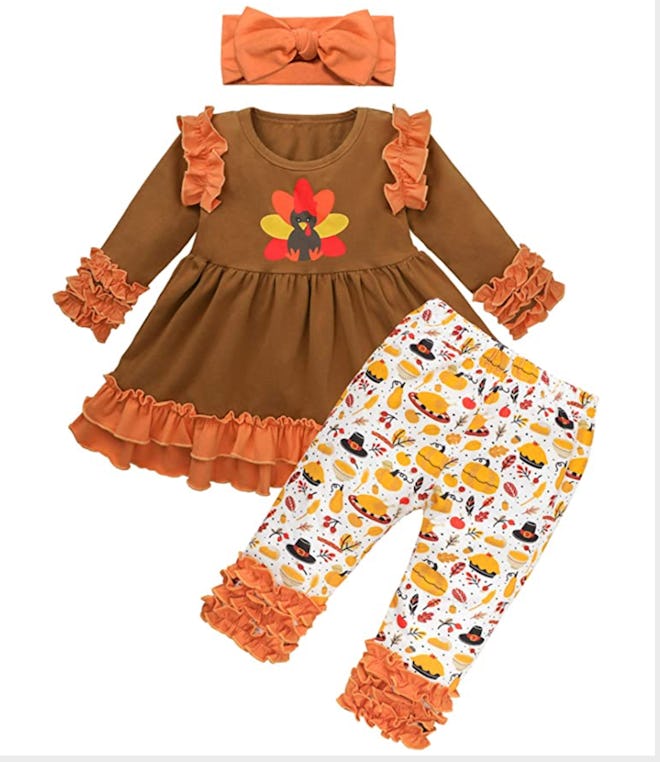 Toddler Thanksgiving Baby Girl Dress Turkey Tutu Dress + Printing Pants