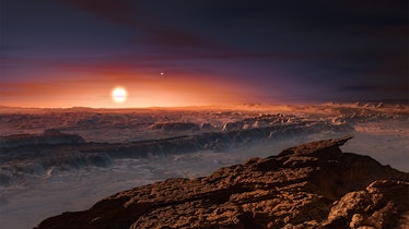 An illustration of the exoplanet Proxima b showing its rocky surface with its host star rising in th...