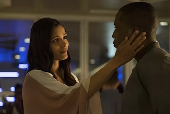 Frieda Pinto plays Alex, Nick’s other wife, and she touches his face in Needle in a Timestack.
