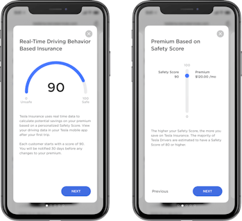 Tesla insurance safety score phone screenshot examples