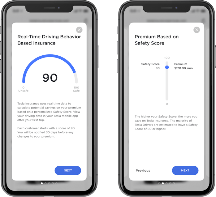 Tesla insurance safety score phone screenshot examples