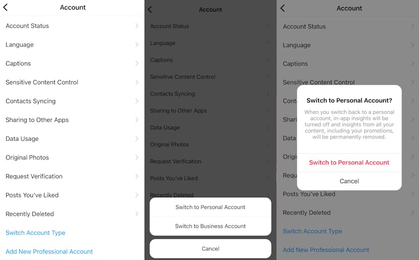 Screenshots showing how to switch back to a personal account on Instagram.