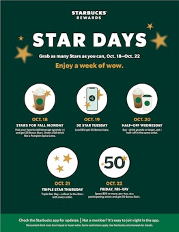 Starbucks Star Days  for October 2021 include a Triple Star day.