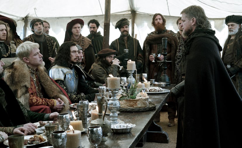 (L-R) Ben Affleck as Pierre d’Alençon, Adam Driver as Jacques Le Gris, and Matt Damon as Jean de Car…