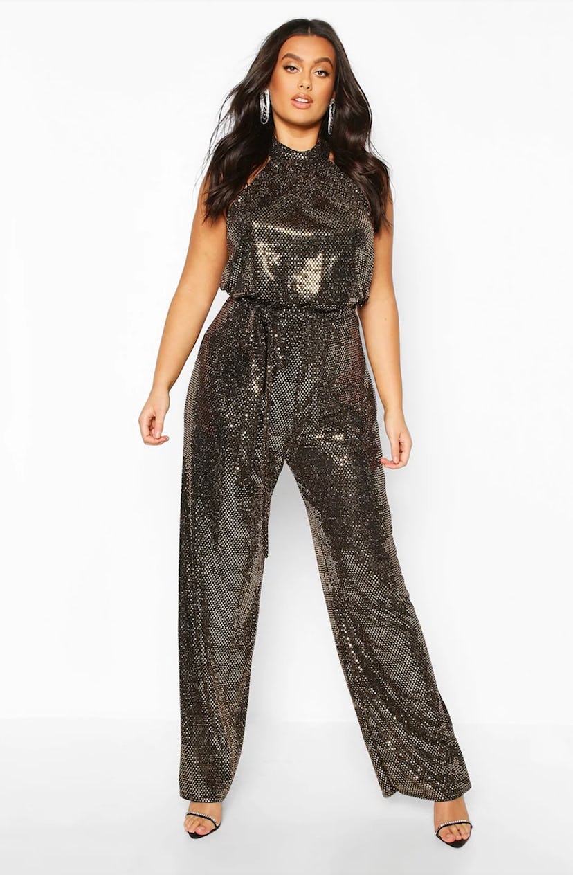 Plus Metallic Sequin Wide Leg Belted Jumpsuit