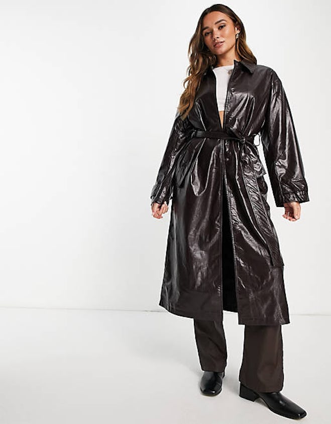 Crinkle Faux Leather Trench Coat in Oxblood
