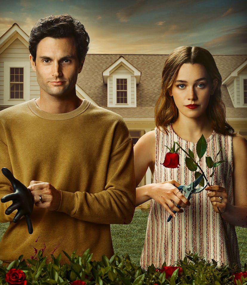 The poster for You: Season 3, with Joe and Love in front of a suburban house, while Love trims a ros...