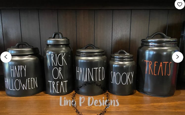 These cheugy Halloween decorations include Rae Dunn typography decals.