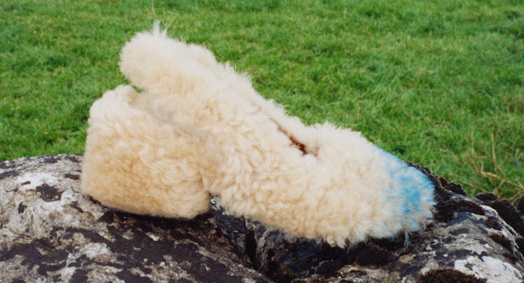 A Marni shoe made from faux shearling in front of a flock of sheep