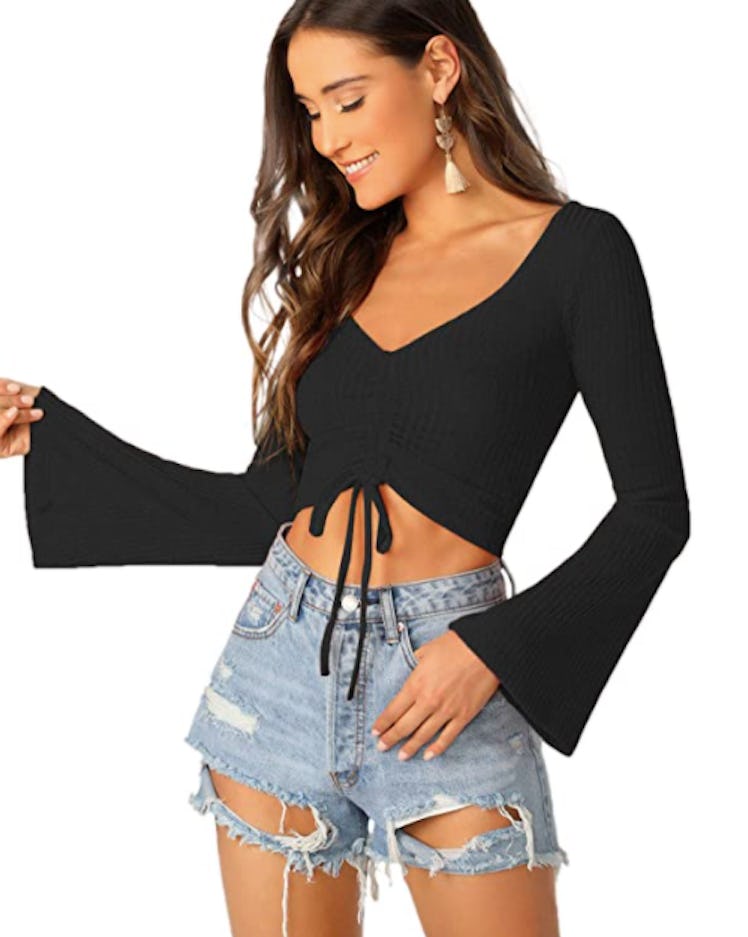 SweatyRocks Drawstring Bell Sleeve Crop Tee 