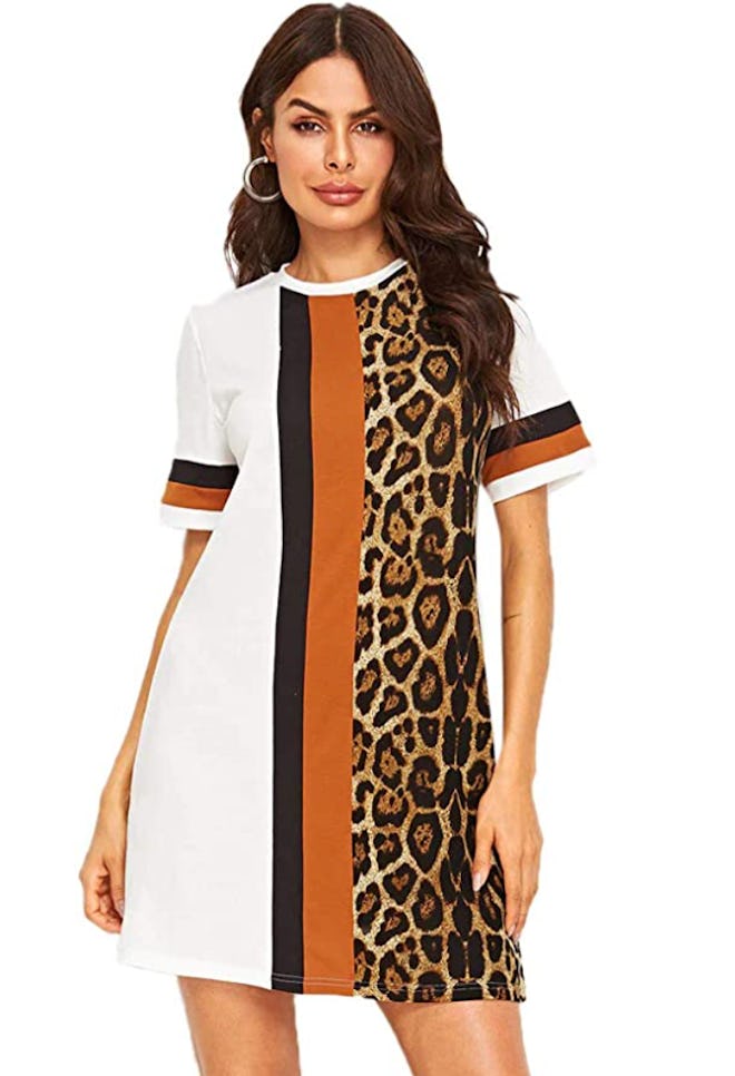 Floerns Short Sleeve Color Block Leopard Print Tunic Dress