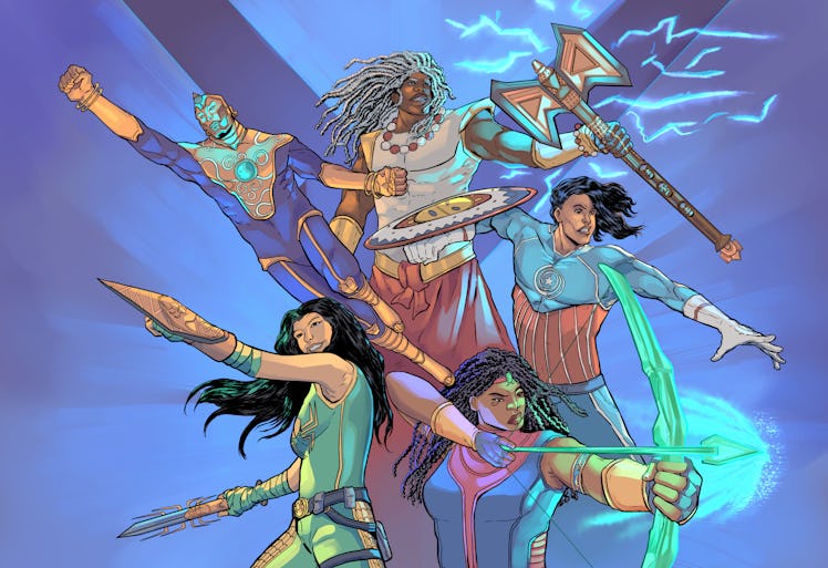 Illustration of five Black superheroes 