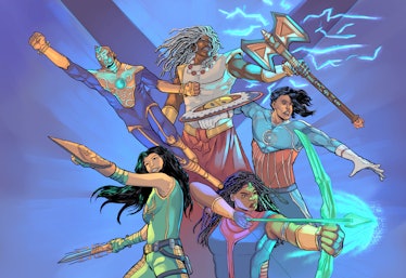 Illustration of five Black superheroes 