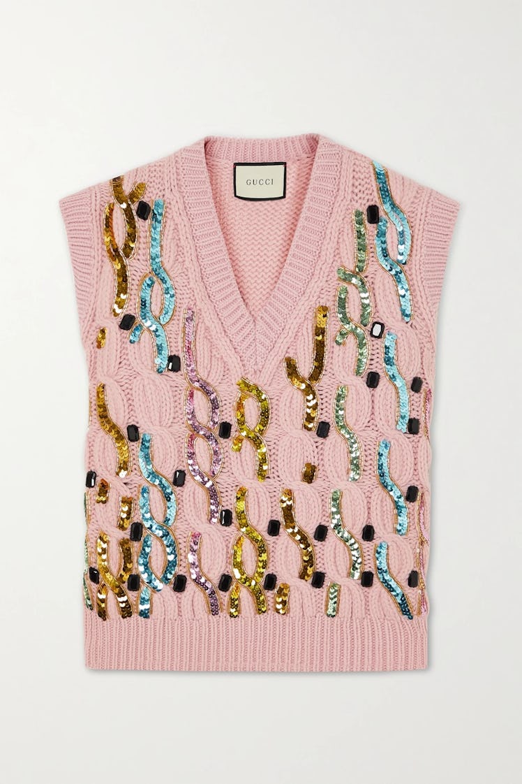 Embellished Cable-Knit Wool Vest  Gucci