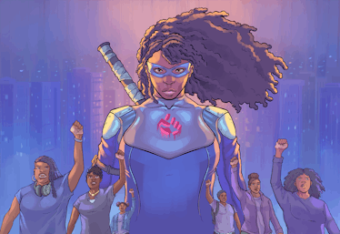 Black superhero woman carrying a sword on her back 