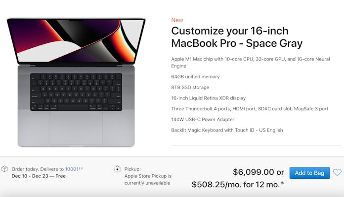 Apple MacBook Pro 16-inch maxed-out tech price point screenshot