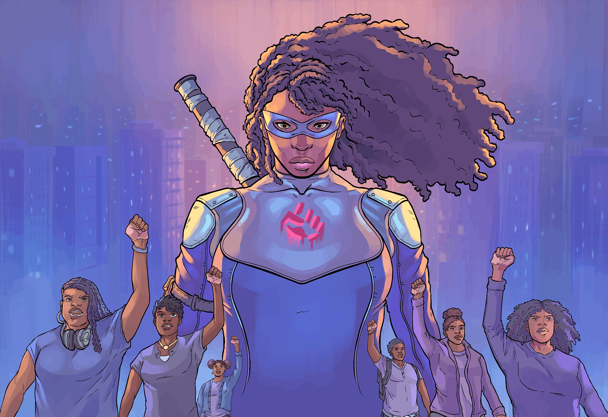 Black superhero woman wearing a blue costume 