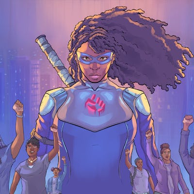 Black superhero woman wearing a blue costume 