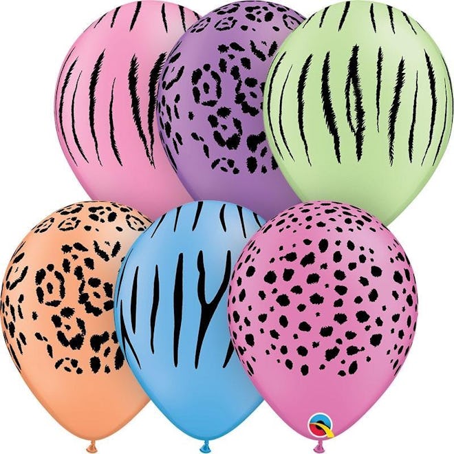 Six balloons in neon colors with animal prints