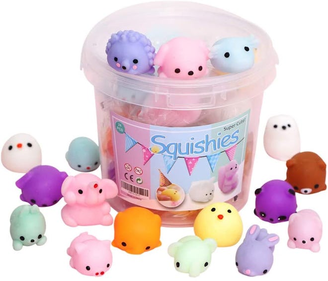Bucket of several small squish toys