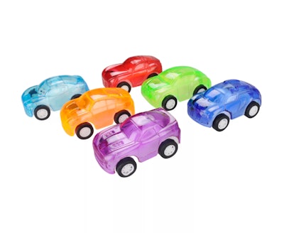 Six toy cars in different colors