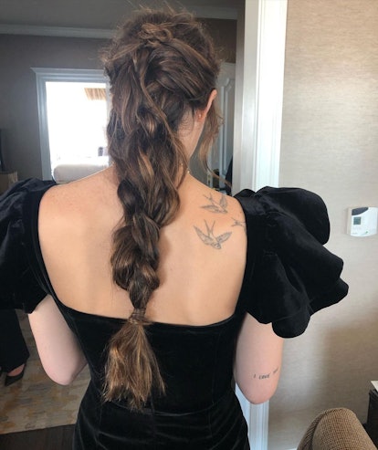 Dakota Johnson facing away to show off long braided ponytail