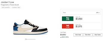 A StockX listing for Travis Scott x Nike Air Jordan 1 Low sneaker