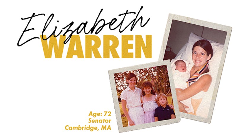 Pictures of the US senator elizabeth warren as a child and then later on in life holding her newborn...