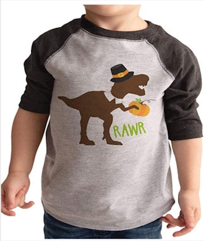 little boy in thanksgiving dinosaur t-shirt