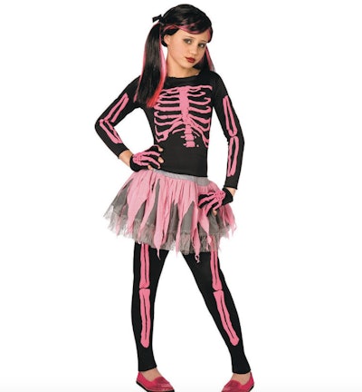 Girl wearing a pink skeleton costume