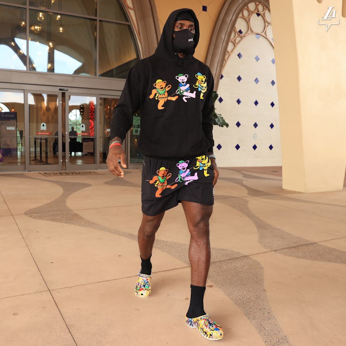 LeBron James wearing a M@rket x Grateful Dead collaborative hoodie, shorts, and Crocs