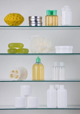 bathroom cabinet with beauty products