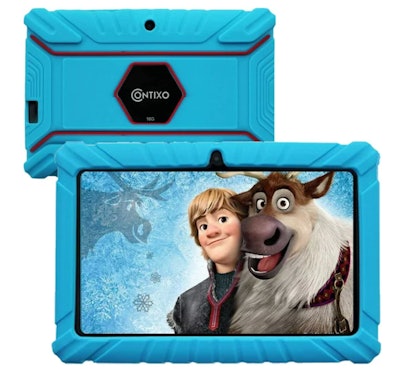 Image of a kids smart tablet with blue protective case.
