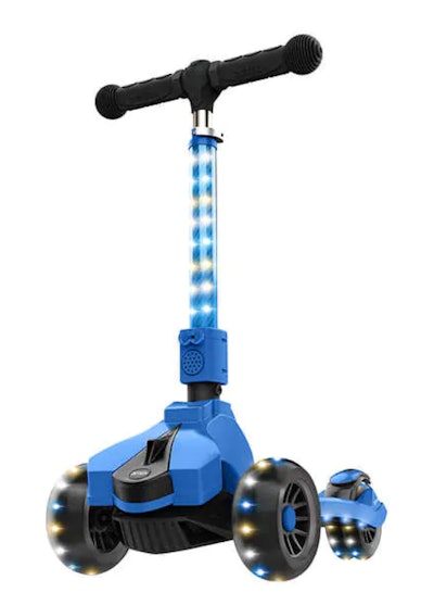 Image of a kid's blue scooter with light-up wheels.