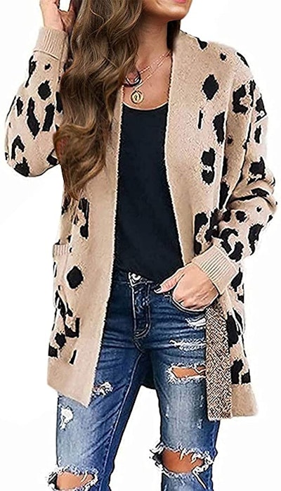 MEROKEETY Open Front Leopard Knit Cardigan