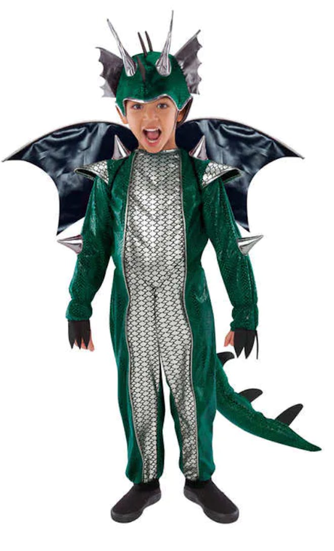 Image of a toddler wearing a dress-up dragon costume.